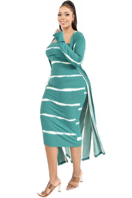 Plus Size Tie Dye Stirpe Long Cardigan Tube Dress Set