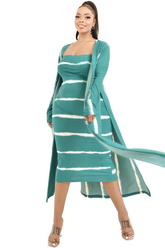 Plus Size Tie Dye Stirpe Long Cardigan Tube Dress Set