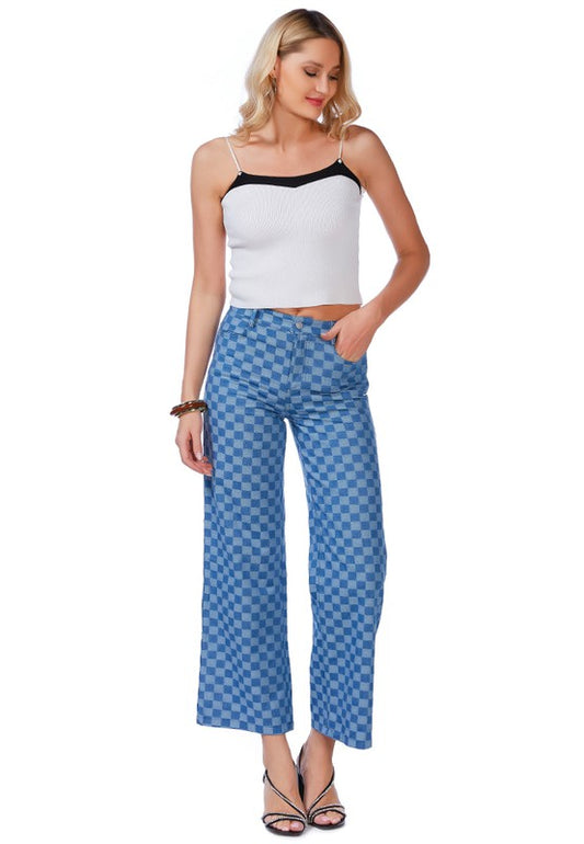 Women's Watercolor Checks Patterned Denim Pants