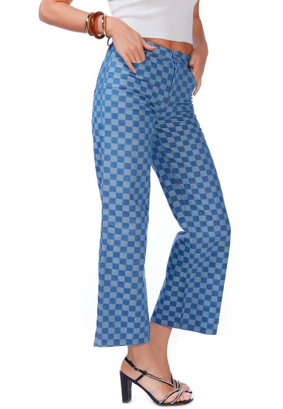 Women's Watercolor Checks Patterned Denim Pants