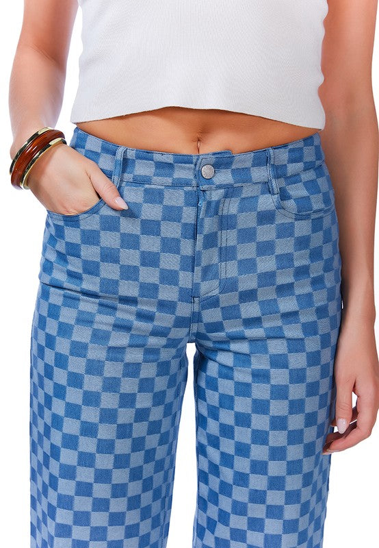 Women's Watercolor Checks Patterned Denim Pants