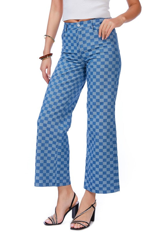 Women's Watercolor Checks Patterned Denim Pants