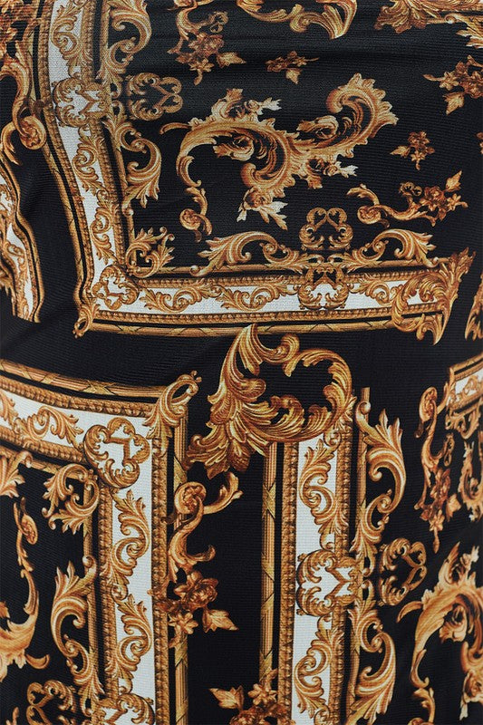 Junior Plus Size Baroque Inspired Print Bodycon Sheer Mesh Dress