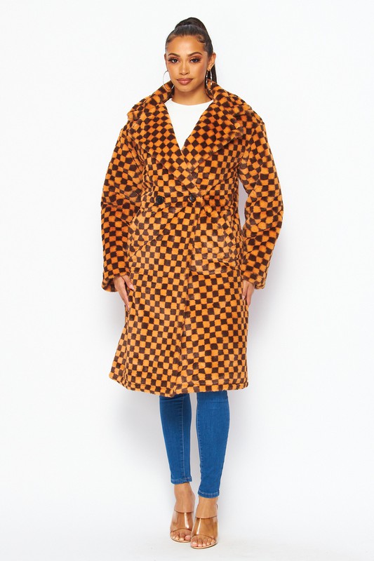 Fuzzy Feelings Checkered Print Faux Fur Teddy Coat