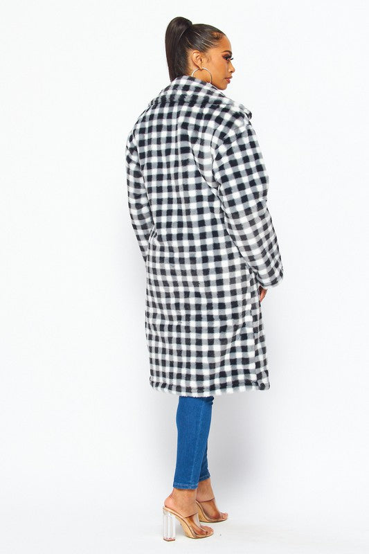 Fuzzy Feelings Checkered Print Faux Fur Teddy Coat