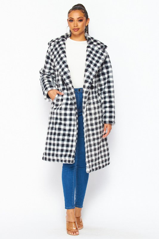 Fuzzy Feelings Checkered Print Faux Fur Teddy Coat