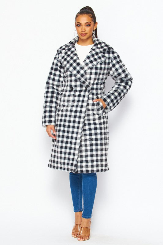 Fuzzy Feelings Checkered Print Faux Fur Teddy Coat