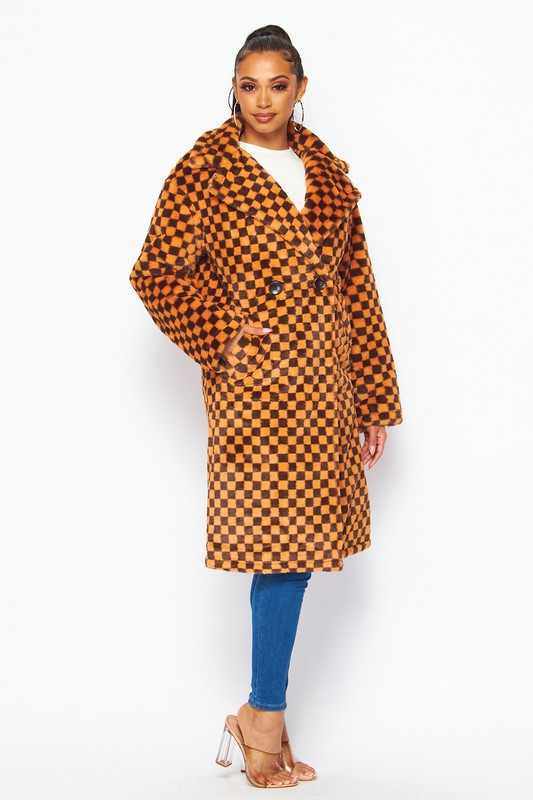Fuzzy Feelings Checkered Print Faux Fur Teddy Coat