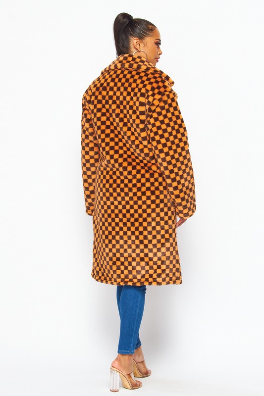 Fuzzy Feelings Checkered Print Faux Fur Teddy Coat