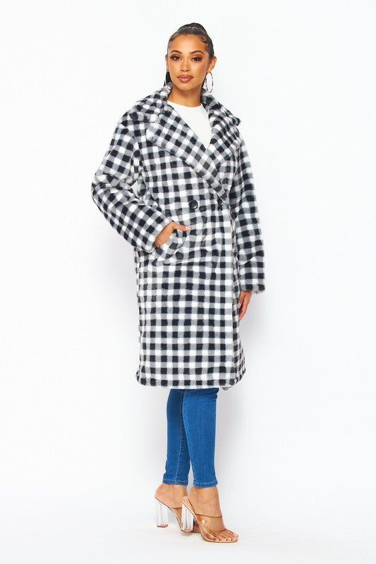 Fuzzy Feelings Checkered Print Faux Fur Teddy Coat