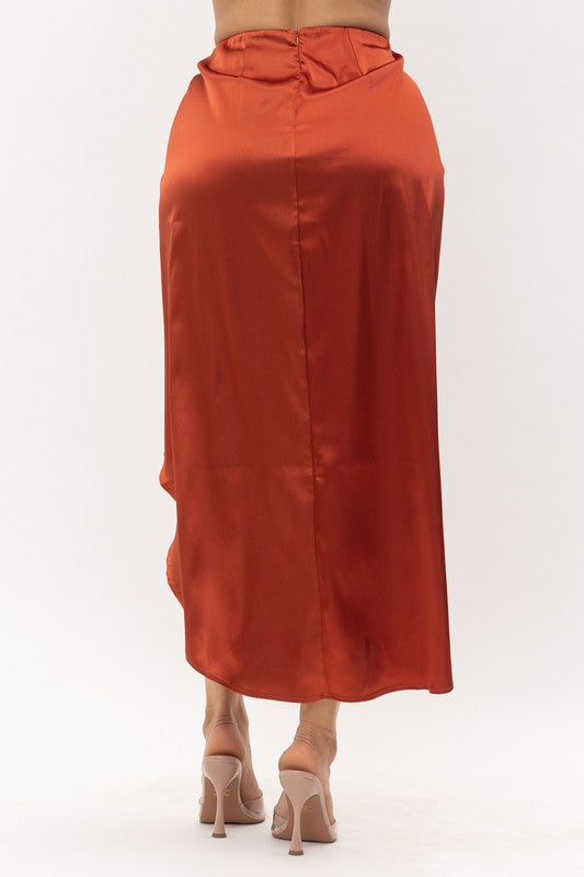 Women's Satin Open Front Ruched Wrap Flare Maxi Skirt