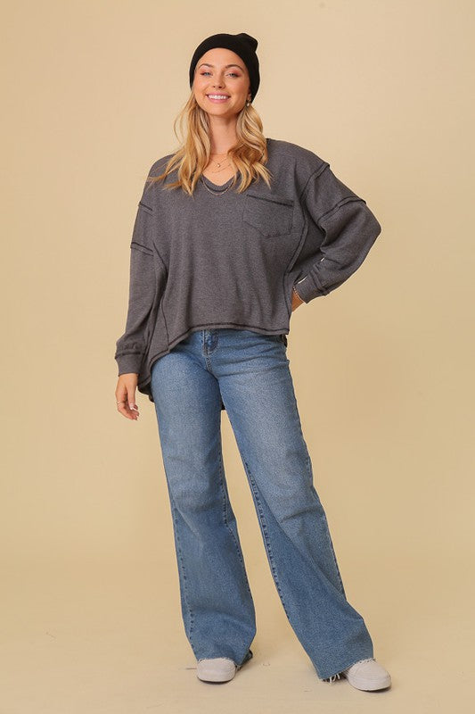 Women's Thermal High Low V-neck Oversized Tunic Top