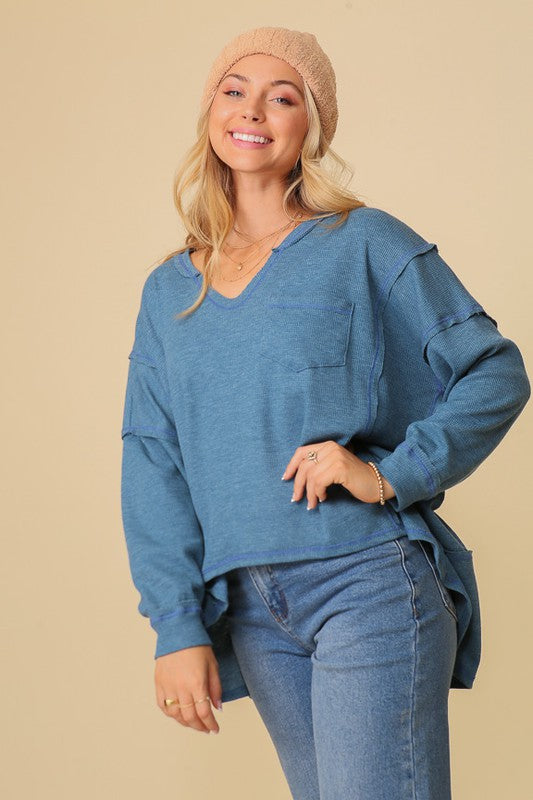 Women's Thermal High Low V-neck Oversized Tunic Top