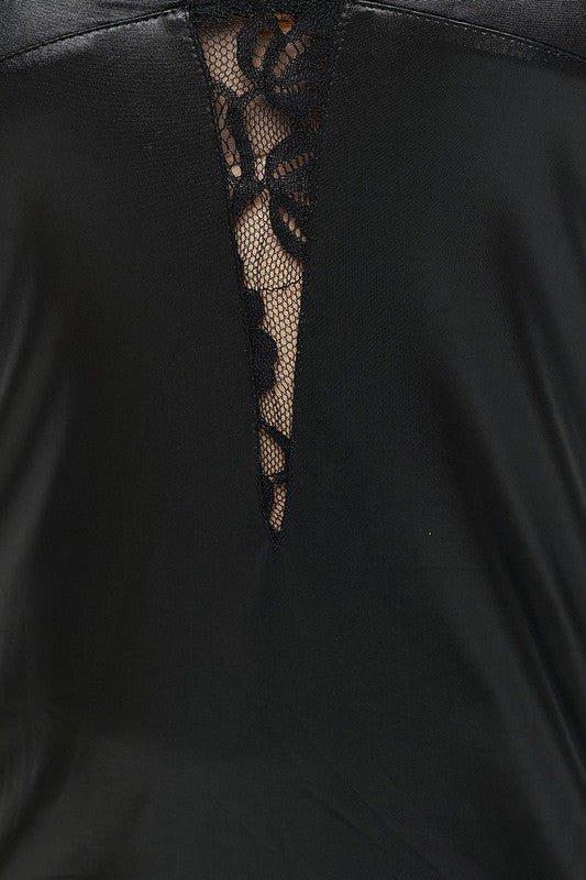 Junior Plus Faux Leather Black Dress with Lace Trim