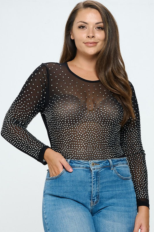 Junior Plus Rhinestone Embellished Mesh Bodice Bodysuit Top