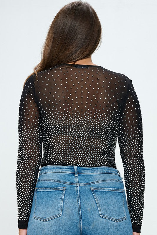 Junior Plus Rhinestone Embellished Mesh Bodice Bodysuit Top