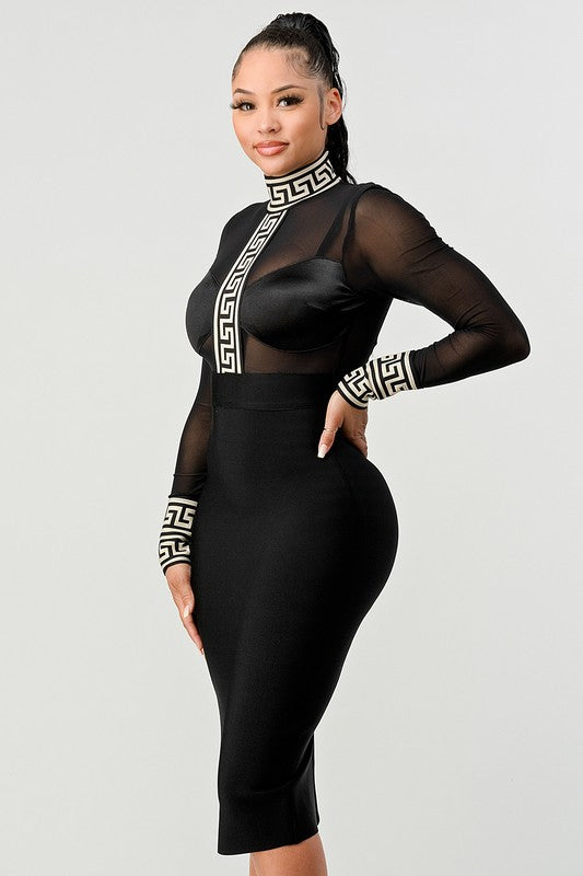 Athina Mesh Contrast Greek Key Print Bandage