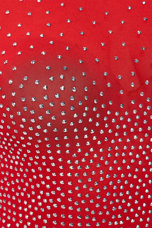 Junior Plus Rhinestone Embellished Mesh Bodice Bodysuit Top
