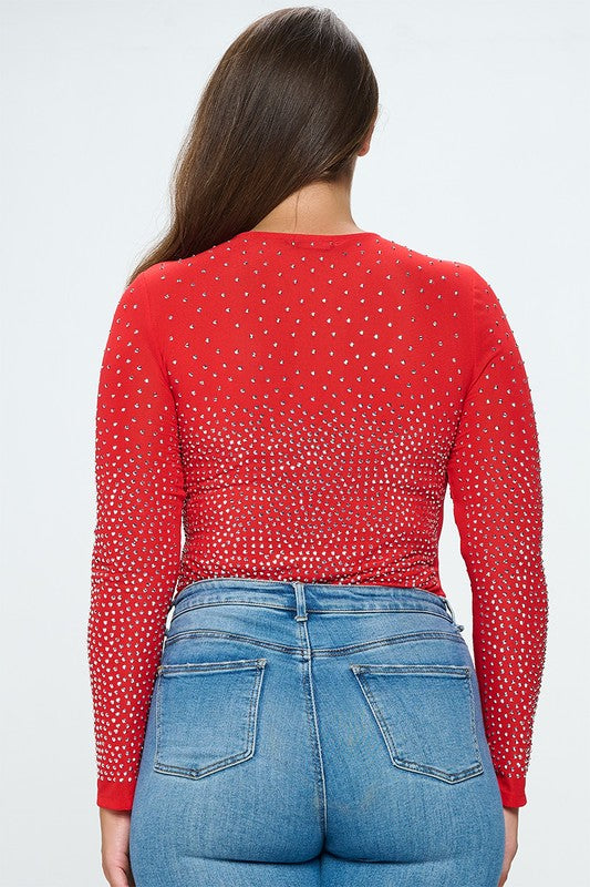 Junior Plus Rhinestone Embellished Mesh Bodice Bodysuit Top