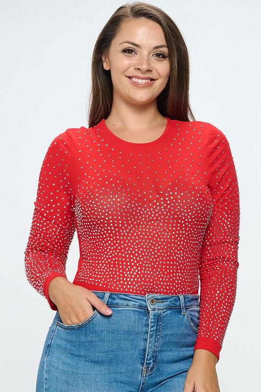 Junior Plus Rhinestone Embellished Mesh Bodice Bodysuit Top
