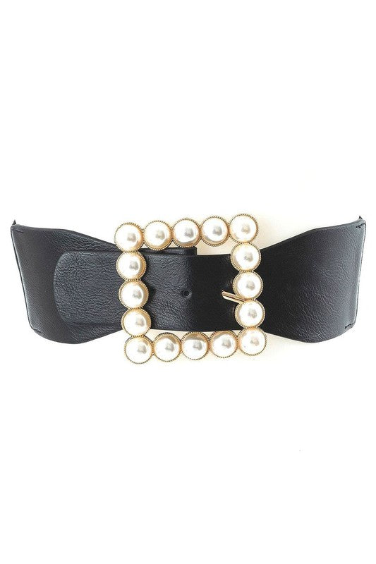 Oversized Pearls Deco Square PU Stretch Belt