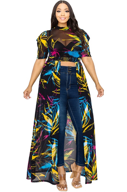 Plus Leaf Mesh Print See-through Maxi Dress