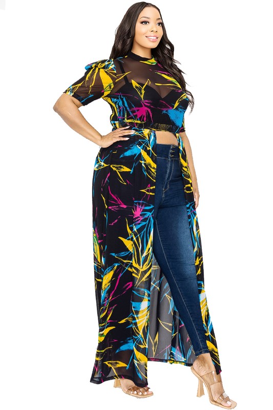 Plus Leaf Mesh Print See-through Maxi Dress