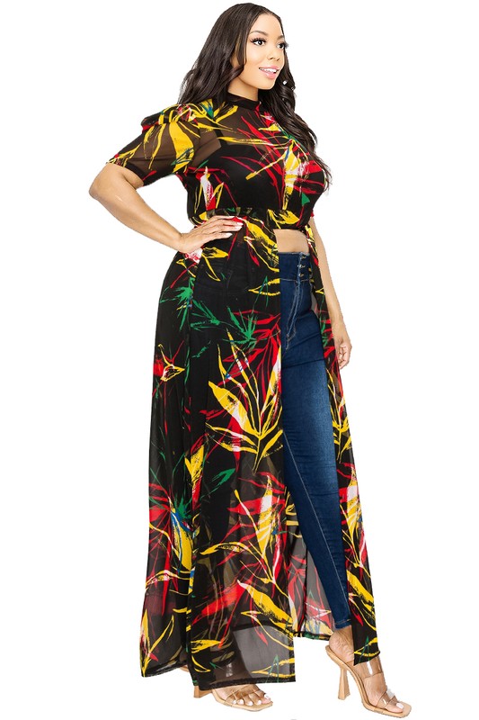Plus Leaf Mesh Print See-through Maxi Dress