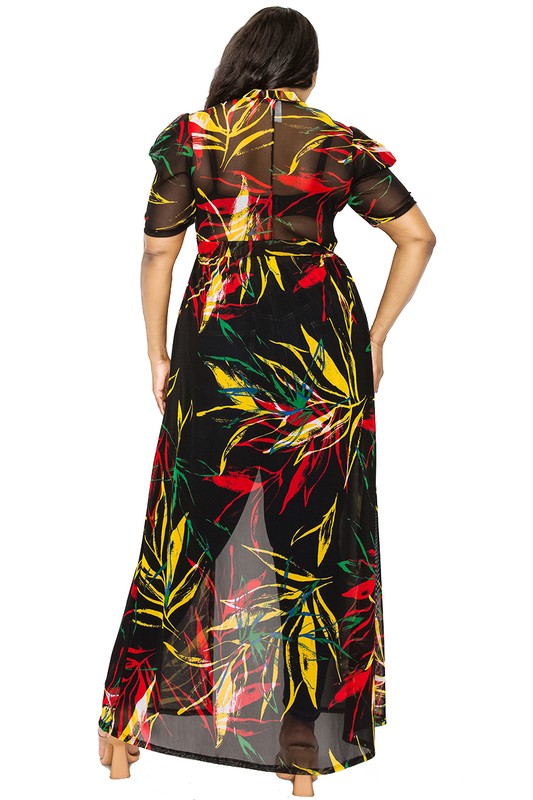 Plus Leaf Mesh Print See-through Maxi Dress