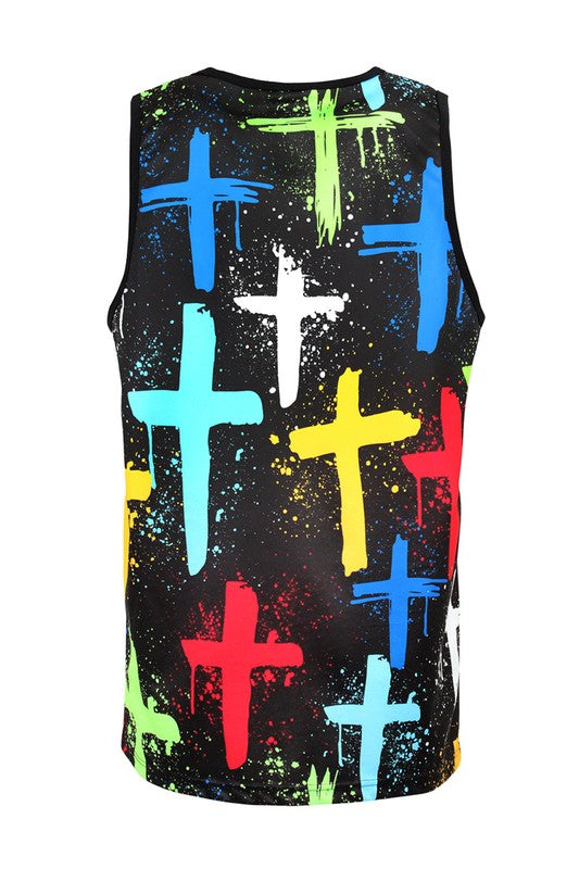 Victorious Cross Print Paint Tank Top Shirt