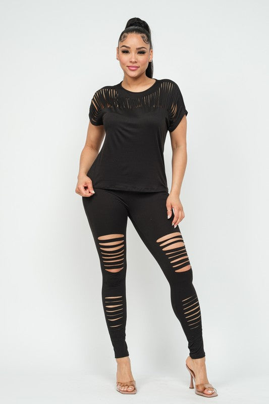 Women's Front Laser Cut Detail Top and Leggings Set