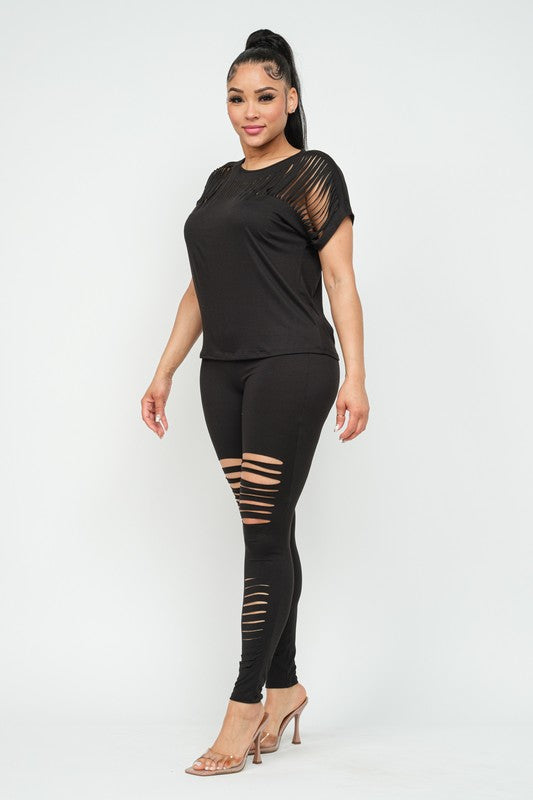 Women's Front Laser Cut Detail Top and Leggings Set