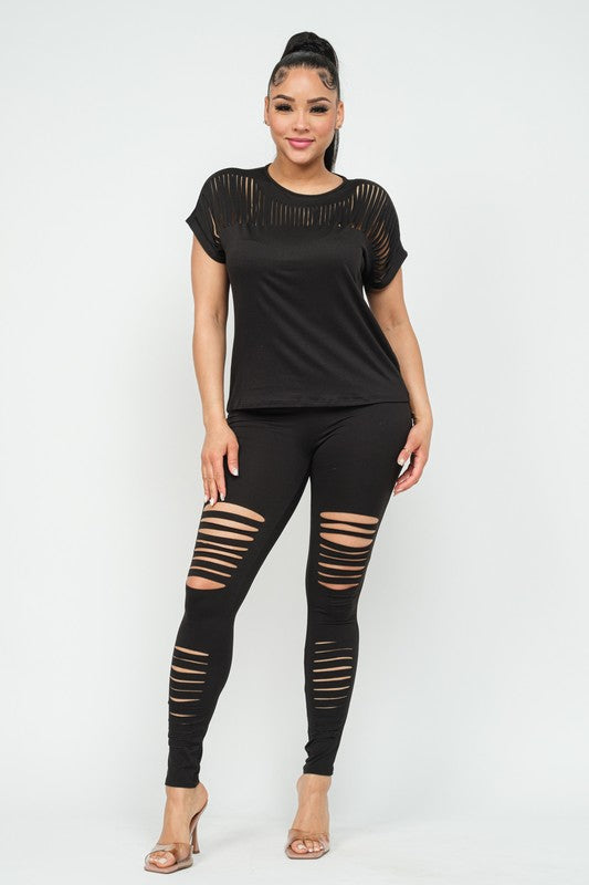 Women's Front Laser Cut Detail Top and Leggings Set
