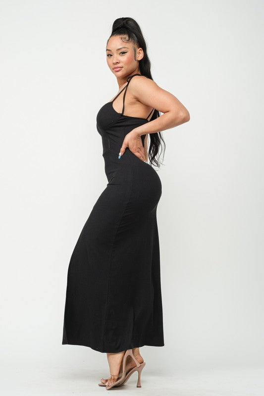 Corset Style Shoulder Tie Side Slit Maxi Dress
