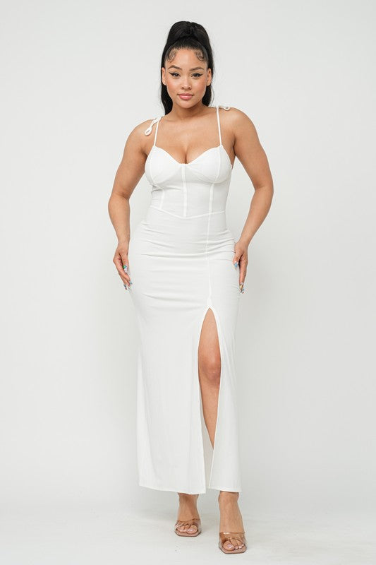 Corset Style Shoulder Tie Side Slit Maxi Dress