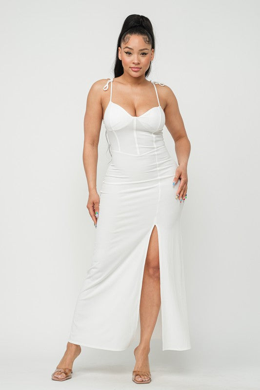 Corset Style Shoulder Tie Side Slit Maxi Dress
