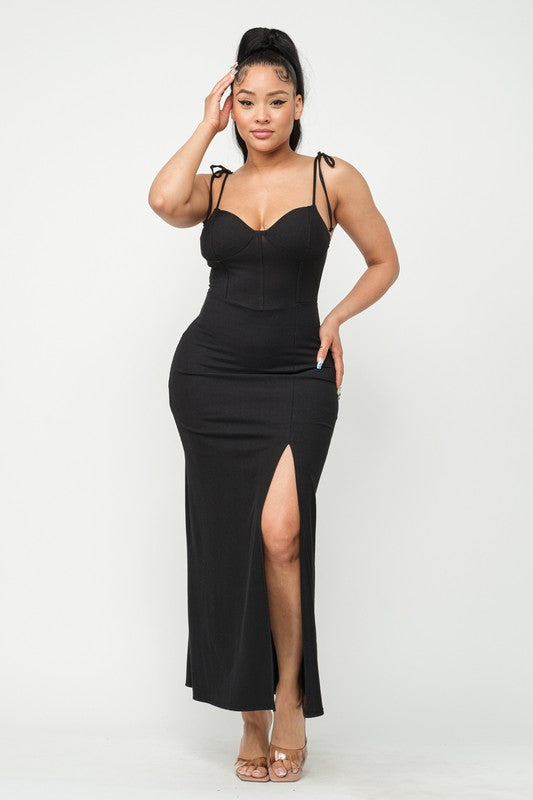 Corset Style Shoulder Tie Side Slit Maxi Dress