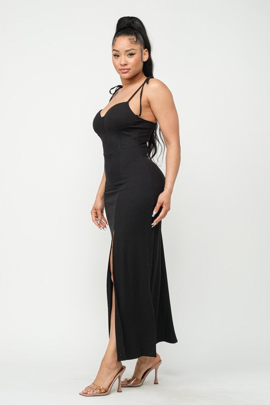 Corset Style Shoulder Tie Side Slit Maxi Dress