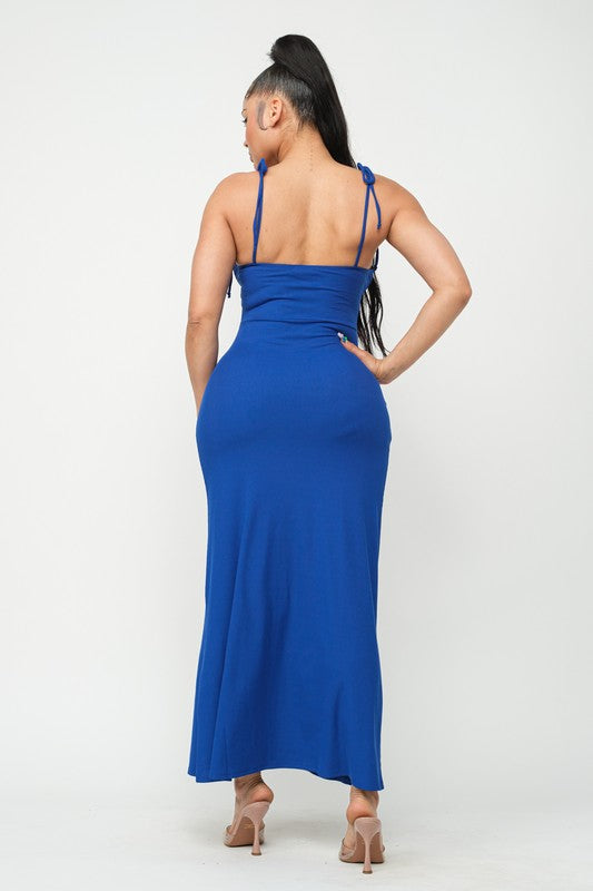 Corset Style Shoulder Tie Side Slit Maxi Dress