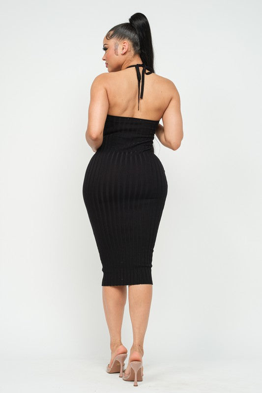 Wide Rib Halter Neck Midi Dress