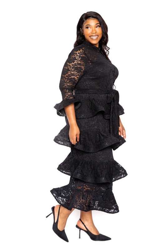 Plus Size Belted Tiered Lace Maxi Dress