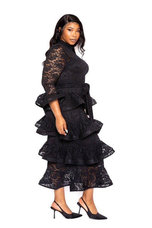 Plus Size Belted Tiered Lace Maxi Dress