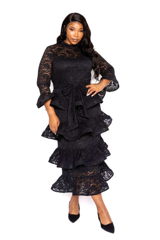Plus Size Belted Tiered Lace Maxi Dress