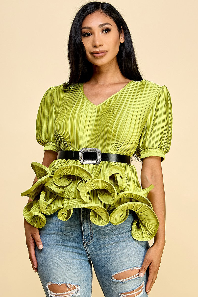 Puffed Sleeve Top with Ruffled Bottom