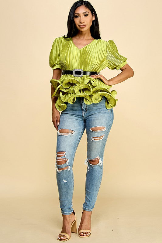 Puffed Sleeve Top with Ruffled Bottom