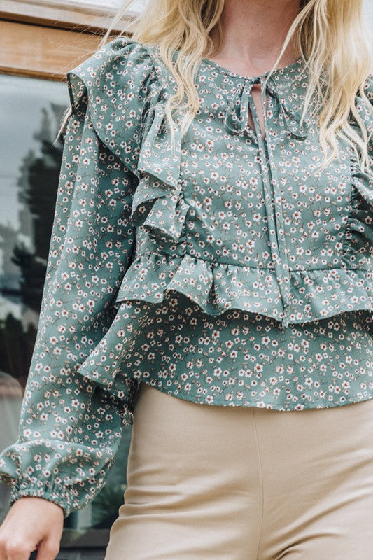 Ruffle Floral Print Detailed Babydoll Top