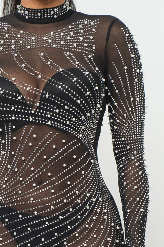 Women's Mesh Pearls Studs Detail Bottom Fringe Hem Dress