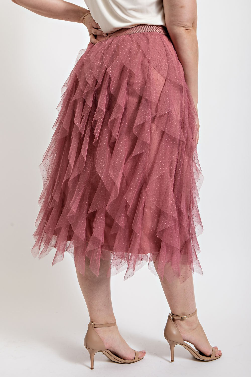 Ruffled Tulle Midi Skirt with Elastic Waist Band