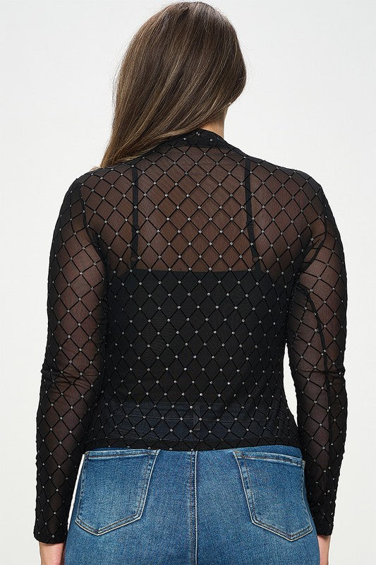 Junior Plus Glitter Embellished Sheer Mesh Top
