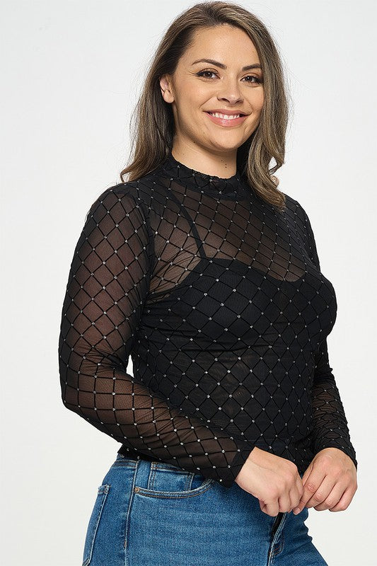 Junior Plus Glitter Embellished Sheer Mesh Top